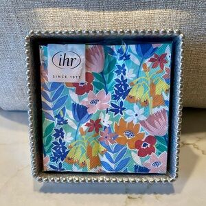 Genuine Mariposa (w label) Beaded Cocktail Napkin Tray & 20 sealed floral naps.